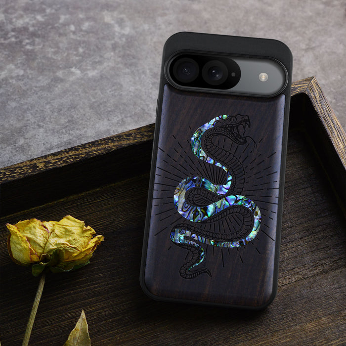 Viper's Coil, Hand-Inlaid Wood & Mother of Pearl Case - Artisanal Cover for Google Pixel