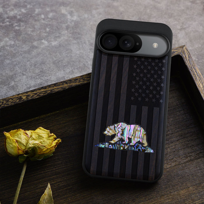 American Flag, Bear, Hand-Inlaid Wood & Mother of Pearl Case - Artisanal Cover for Google Pixel