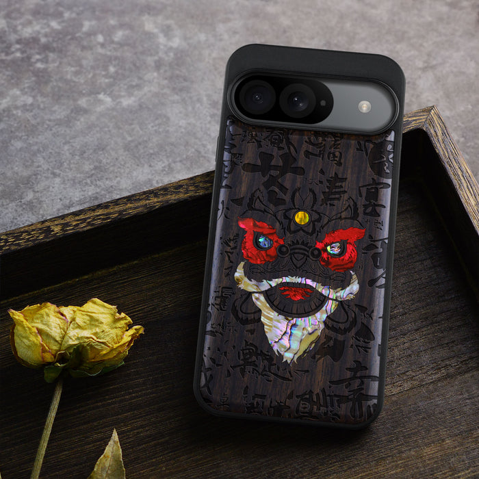 Chinese Lion, Hand-Inlaid Wood & Mother of Pearl Case - Artisanal Cover for Google Pixel