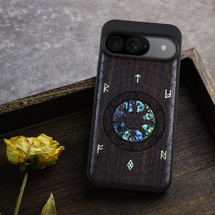 The Shield of Dragons and Awe, Hand-Inlaid Wood & Mother of Pearl Case - Artisanal Cover for Google Pixel