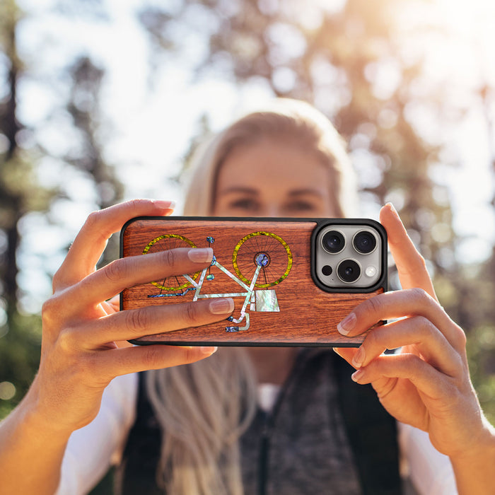 Classic Bicycle Silhouette, Hand-Inlaid Wood & Mother of Pearl Case - Artisanal Cover for Apple iPhone