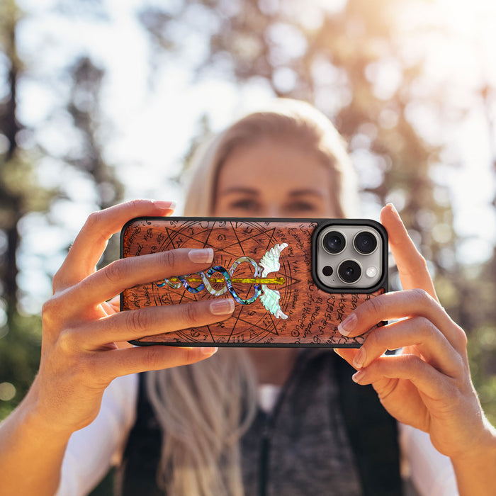 An Octagonal Star Embrace, Hand-Inlaid Wood & Mother of Pearl Case - Artisanal Cover for Apple iPhone