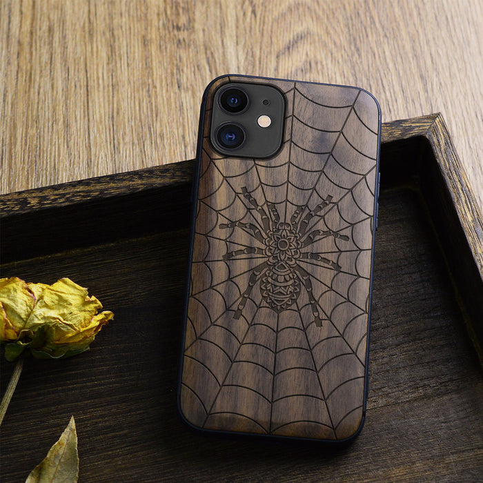 Elegant Webbed Wonder, Classic Engraved Wood & TPU Case - Artisanal Cover for Apple iPhone