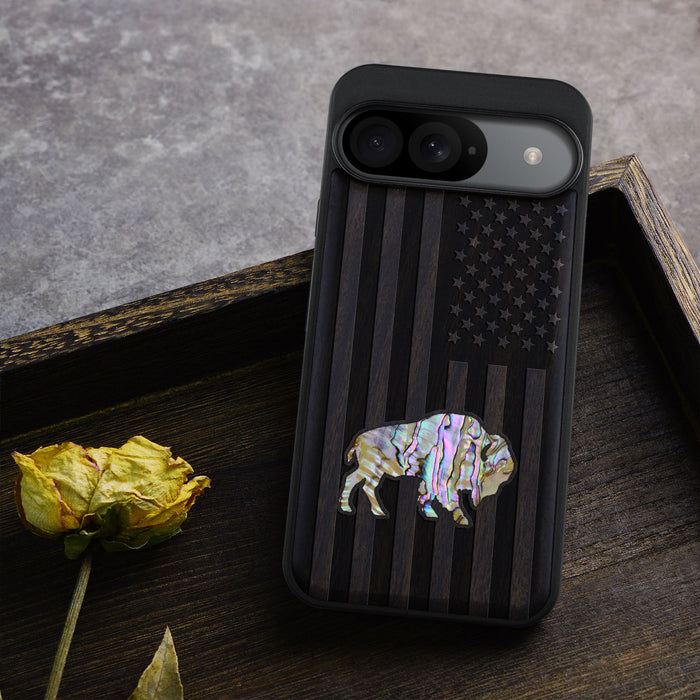 American Flag, Bison, Hand-Inlaid Wood & Mother of Pearl Case - Artisanal Cover for Google Pixel