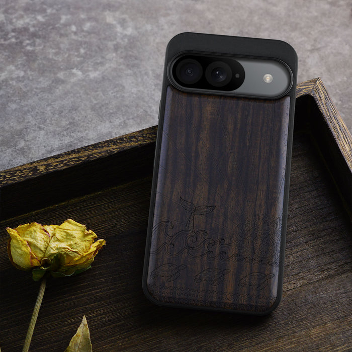 The Whale's Sunset Dance, Classic Engraved Wood & TPU Case - Artisanal Cover for Google Pixel