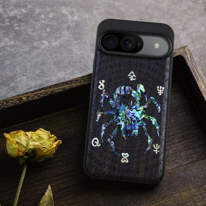 Shadows of the Web, Hand-Inlaid Wood & Mother of Pearl Case - Artisanal Cover for Google Pixel