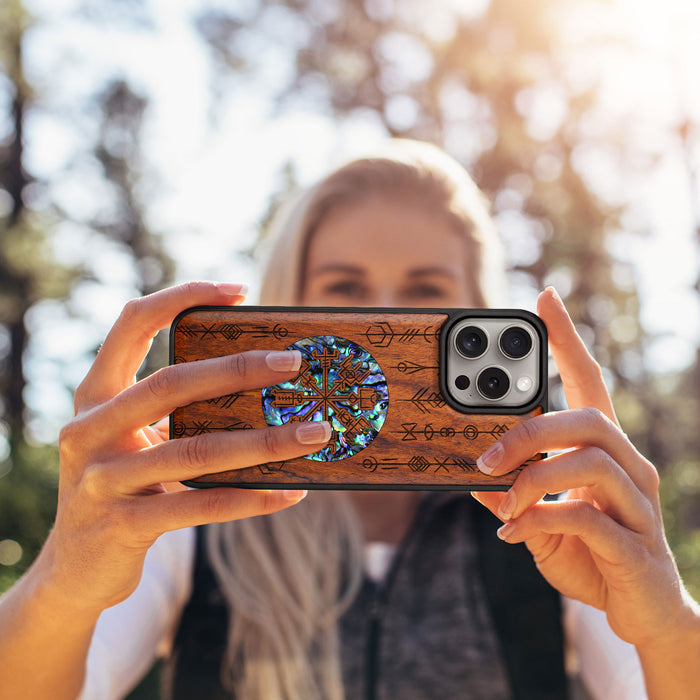 Echoes of Viking Lore, Hand-Inlaid Wood & Mother of Pearl Case - Artisanal Cover for Apple iPhone