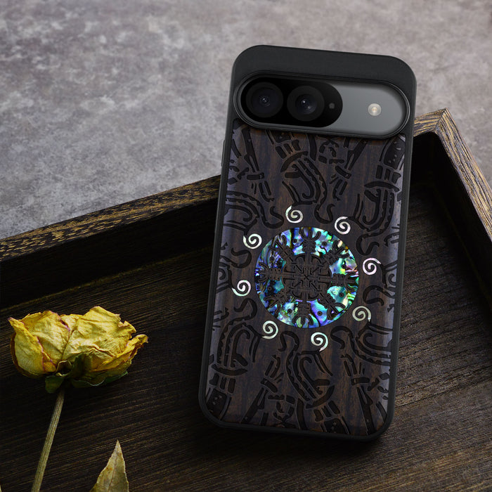 Shield of the Ancients, Hand-Inlaid Wood & Mother of Pearl Case - Artisanal Cover for Google Pixel