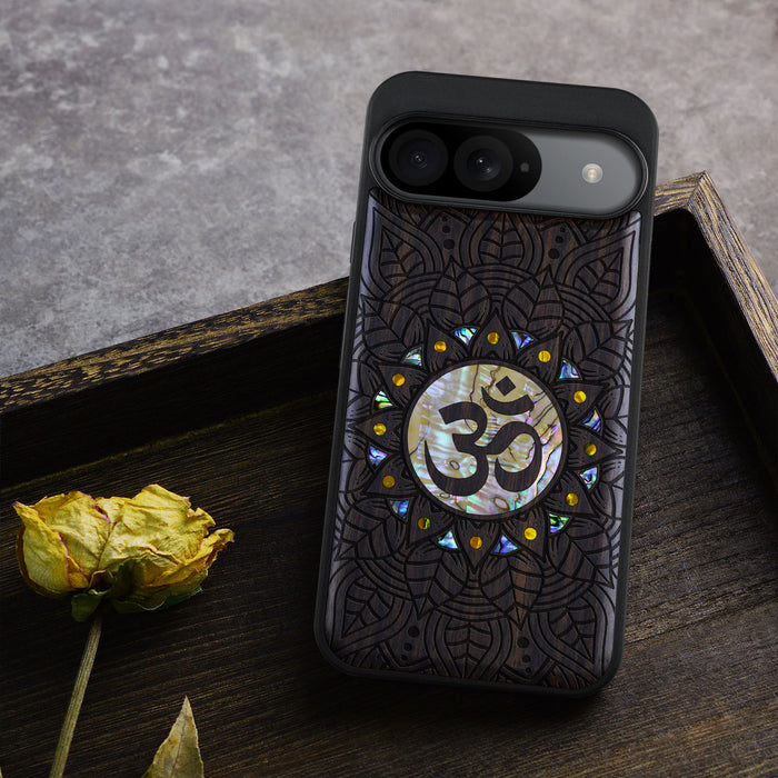 Harmony's Whisper Mandala, Hand-Inlaid Wood & Mother of Pearl Case - Artisanal Cover for Google Pixel