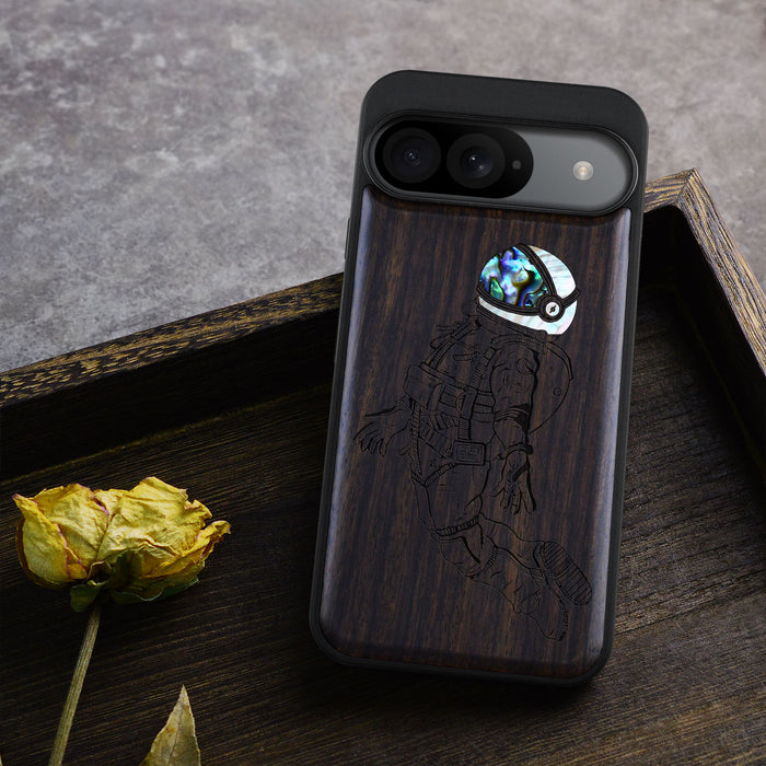 The Floating Astronaut, Hand-Inlaid Wood & Mother of Pearl Case - Artisanal Cover for Google Pixel