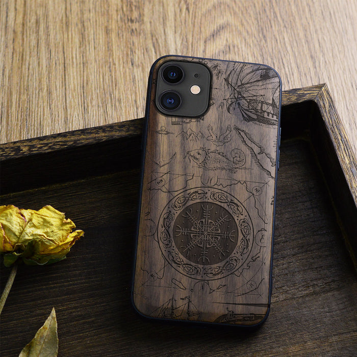 Viking Shield Amidst Maritime Treasures, Classic Engraved Wood & TPU Case - Artisanal Cover for Apple iPhone