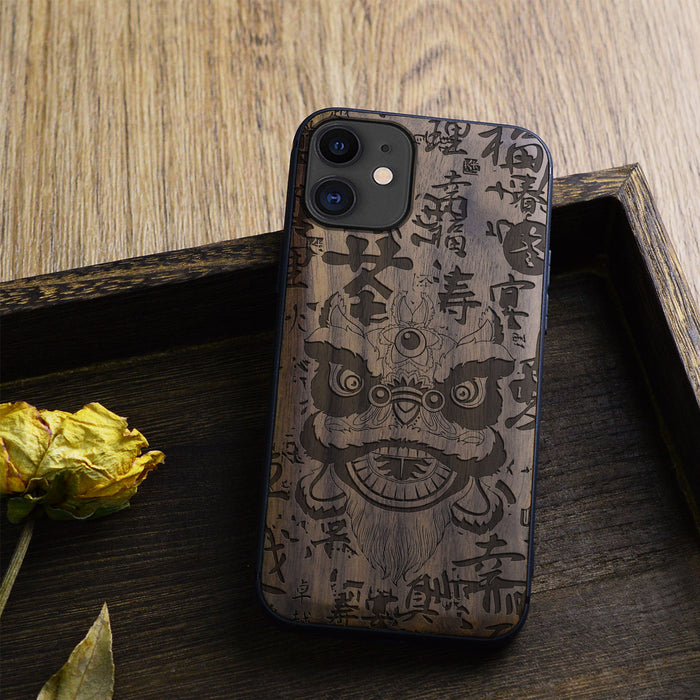 Chinese Lion Dance, Classic Engraved Wood & TPU Case - Artisanal Cover for Apple iPhone