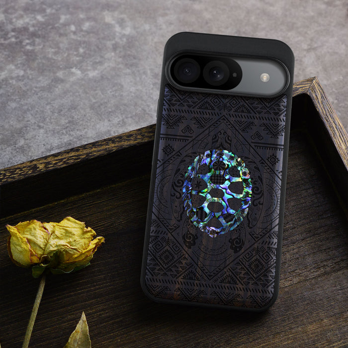 The Beautiful Turtle, Hand-Inlaid Wood & Mother of Pearl Case - Artisanal Cover for Google Pixel