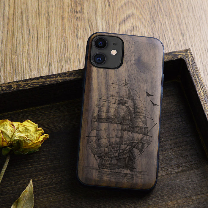 Sailboat on the Sea, Classic Engraved Wood & TPU Case - Artisanal Cover for Apple iPhone