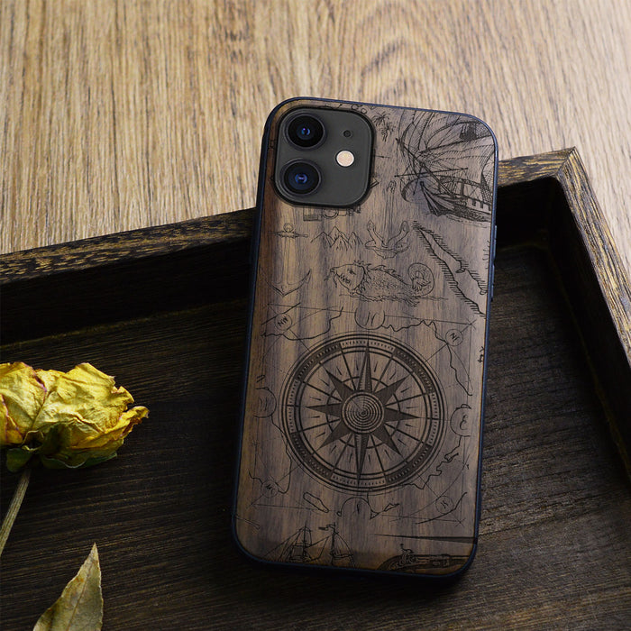 The Compass Amidst Pirates' Legacy, Classic Engraved Wood & TPU Case - Artisanal Cover for Apple iPhone