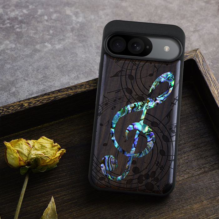 The Grand Clef and Musical Notes, Hand-Inlaid Wood & Mother of Pearl Case - Artisanal Cover for Google Pixel