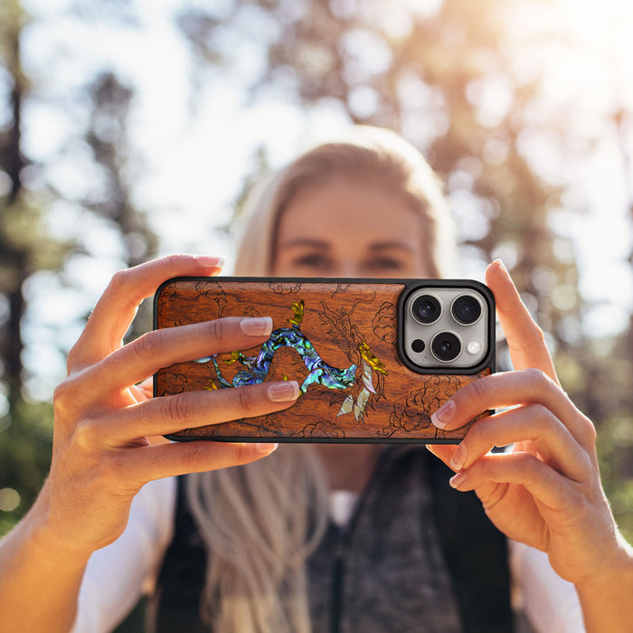 The Dragon's Ascen, Hand-Inlaid Wood & Mother of Pearl Case - Artisanal Cover for Apple iPhone