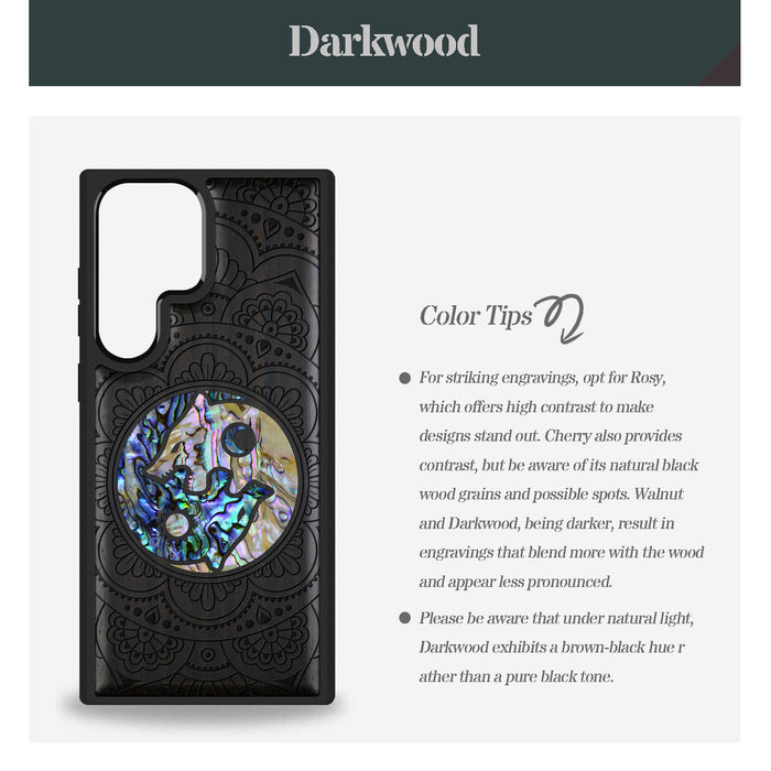 Yin-Yang Wolves Amidst Paisley, Hand-Inlaid Wood & Mother of Pearl Case - Artisanal Cover for Samsung Galaxy