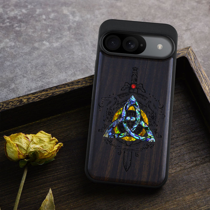 Norse Emblems, Hand-Inlaid Wood & Mother of Pearl Case - Artisanal Cover for Google Pixel