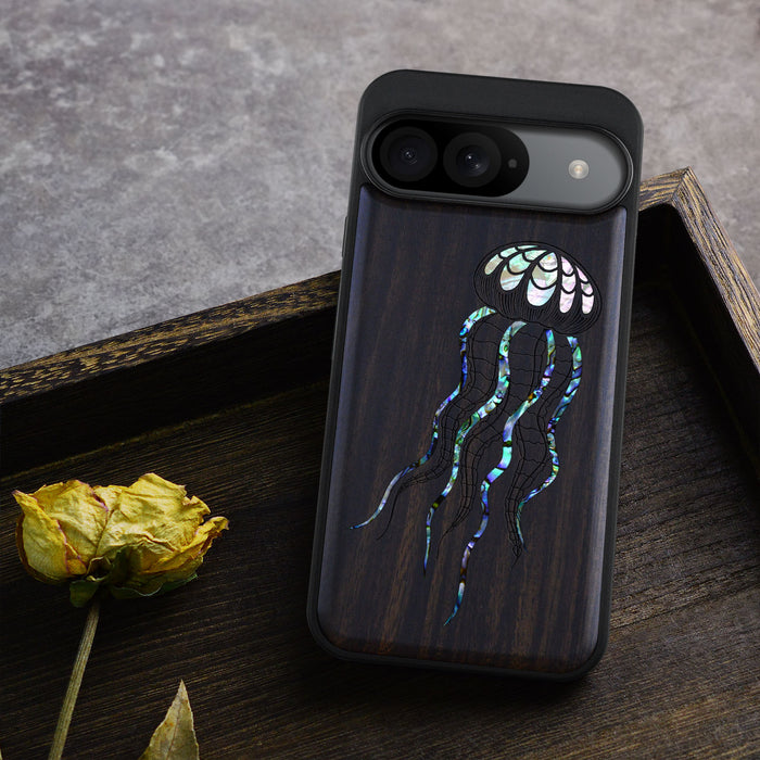 Zentangle Art Jellyfish, Hand-Inlaid Wood & Mother of Pearl Case - Artisanal Cover for Google Pixel