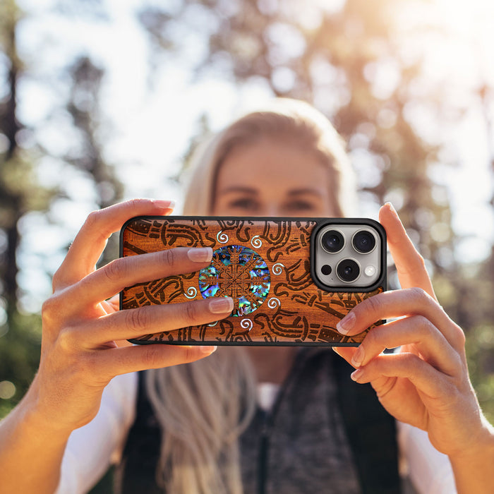 Shield of the Ancients, Hand-Inlaid Wood & Mother of Pearl Case - Artisanal Cover for Apple iPhone