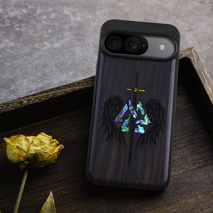 Wings of Valor Essence, Hand-Inlaid Wood & Mother of Pearl Case - Artisanal Cover for Google Pixel