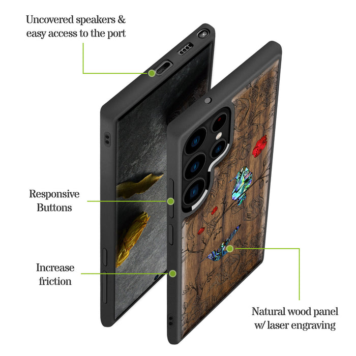 A Dance of Flora and Avian, Hand-Inlaid Wood & Mother of Pearl Case - Artisanal Cover for Samsung Galaxy