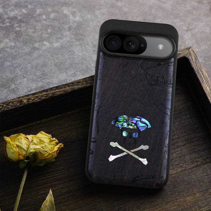 The Pirate's Legacy, Hand-Inlaid Wood & Mother of Pearl Case - Artisanal Cover for Google Pixel