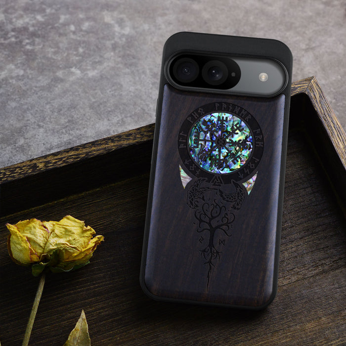 Dragon-Inspired Shield with Aegishjalmur, Hand-Inlaid Wood & Mother of Pearl Case - Artisanal Cover for Google Pixel