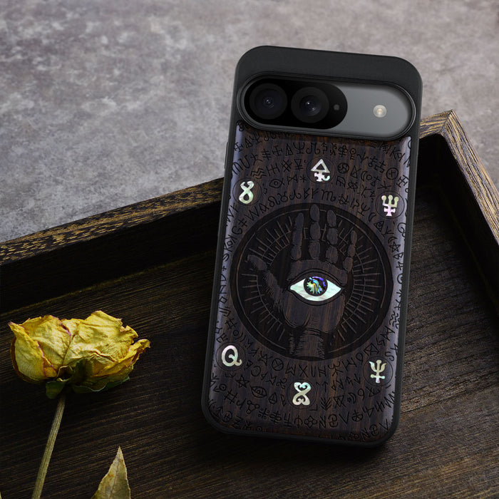 All-Seeing Hand, Hand-Inlaid Wood & Mother of Pearl Case - Artisanal Cover for Google Pixel