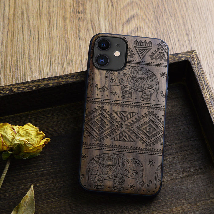 Vintage Indian Lotus and Ethnic Elephant, Classic Engraved Wood & TPU Case - Artisanal Cover for Apple iPhone