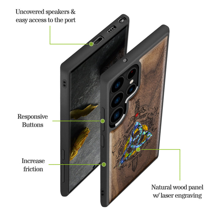 Norse Emblems, Hand-Inlaid Wood & Mother of Pearl Case - Artisanal Cover for Samsung Galaxy