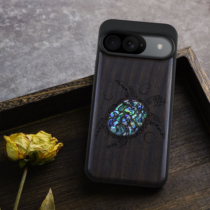 The Maori Turtle, Hand-Inlaid Wood & Mother of Pearl Case - Artisanal Cover for Google Pixel