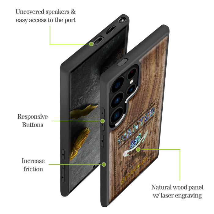 Outlaw Skull Wanted, Hand-Inlaid Wood & Mother of Pearl Case - Artisanal Cover for Samsung Galaxy