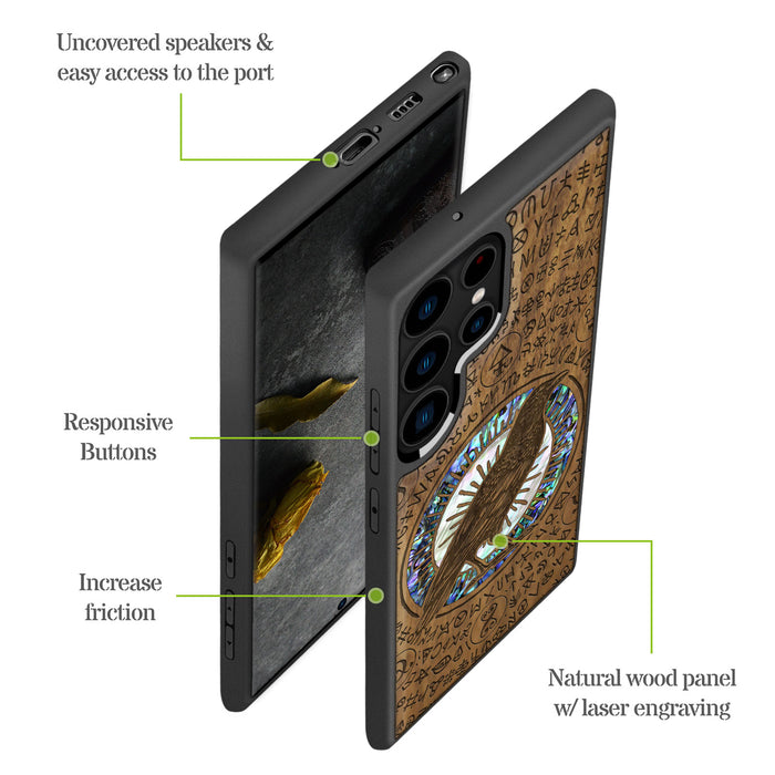 The Haloed Crow, Hand-Inlaid Wood & Mother of Pearl Case - Artisanal Cover for Samsung Galaxy