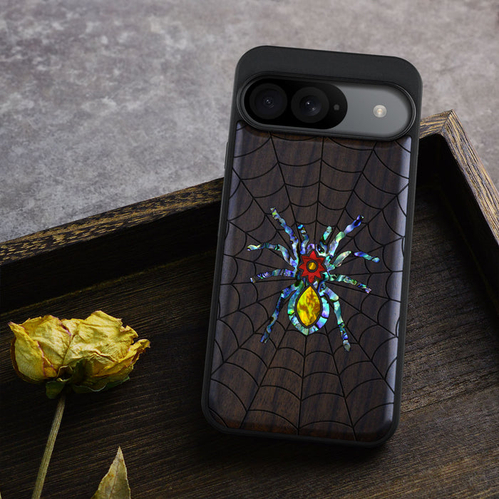 Spider Web, Hand-Inlaid Wood & Mother of Pearl Case - Artisanal Cover for Google Pixel