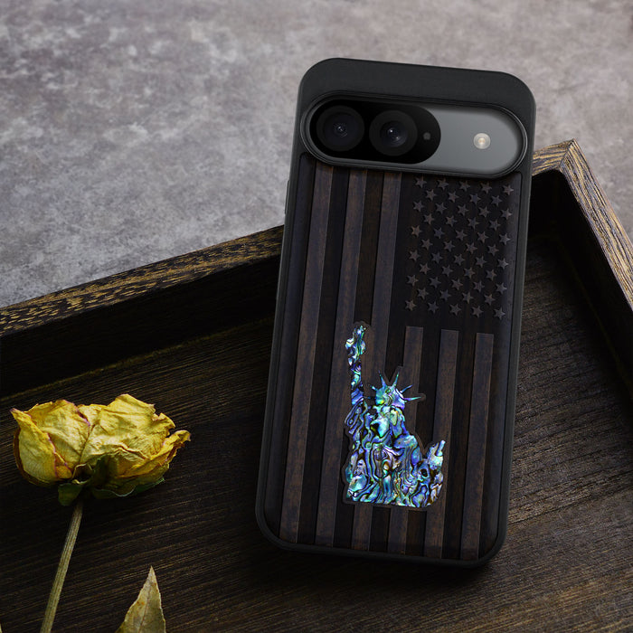 Statue of Liberty and Flag, Hand-Inlaid Wood & Mother of Pearl Case - Artisanal Cover for Google Pixel