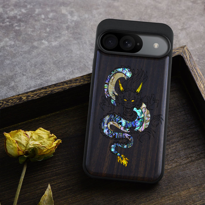 The Oriental Dragon, Hand-Inlaid Wood & Mother of Pearl Case - Artisanal Cover for Google Pixel