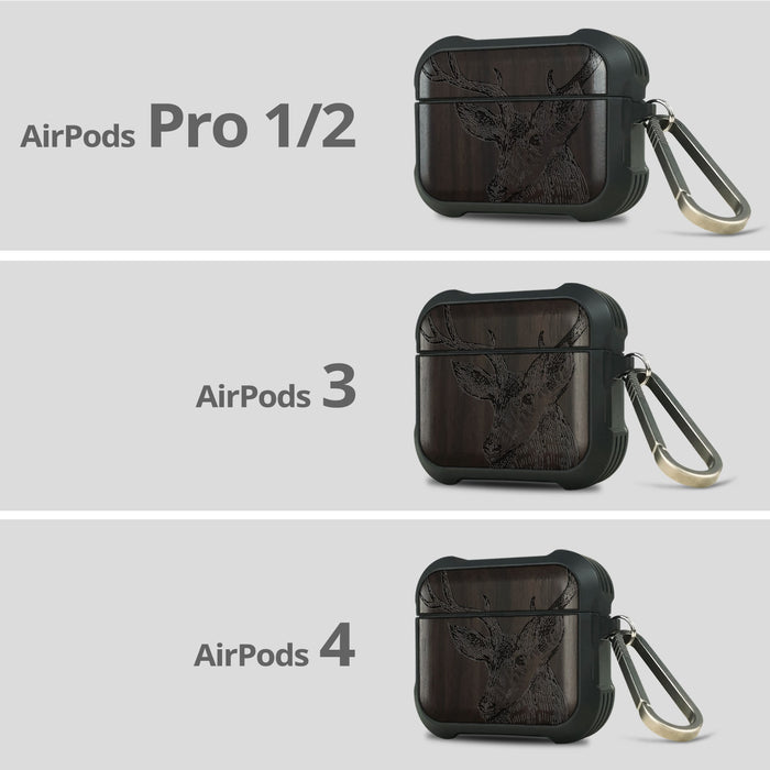 The Half-Length Deer Linework Art - Wood Artisan Engraved & Shell Hand-Inlaid Cover - Artisanal Case for Apple AirPods (Titanium Quick Released Clasp)