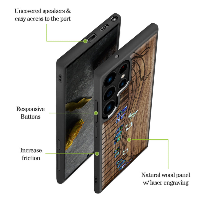 Melodic Waves, Hand-Inlaid Wood & Mother of Pearl Case - Artisanal Cover for Samsung Galaxy