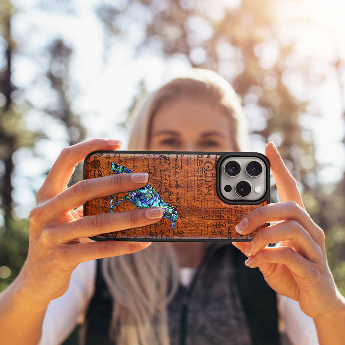 Raven Script, Hand-Inlaid Wood & Mother of Pearl Case - Artisanal Cover for Apple iPhone
