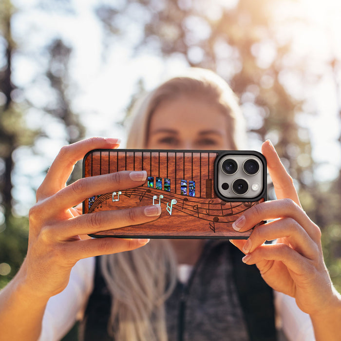 Melodic Waves, Hand-Inlaid Wood & Mother of Pearl Case - Artisanal Cover for Apple iPhone