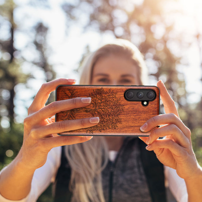 The Fairy Tree Line Art, Classic Engraved Wood & TPU Case - Artisanal Cover for Samsung Galaxy