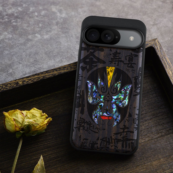 The Chinese Opera Mask, Hand-Inlaid Wood & Mother of Pearl Case - Artisanal Cover for Google Pixel