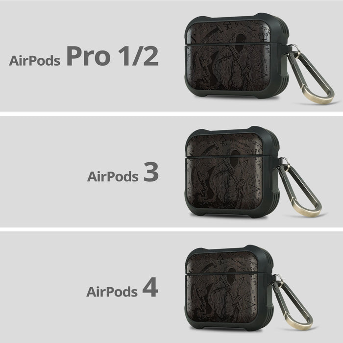 The Reaper's Scythe - Wood Artisan Engraved & Shell Hand-Inlaid Cover - Artisanal Case for Apple AirPods (Titanium Quick Released Clasp)