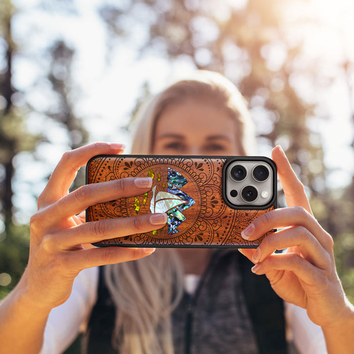 Oceanic Mandala Calm, Hand-Inlaid Wood & Mother of Pearl Case - Artisanal Cover for Apple iPhone