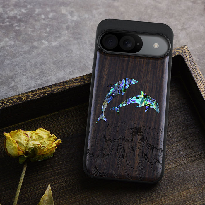 Dual Dolphins in the Waves, Hand-Inlaid Wood & Mother of Pearl Case - Artisanal Cover for Google Pixel