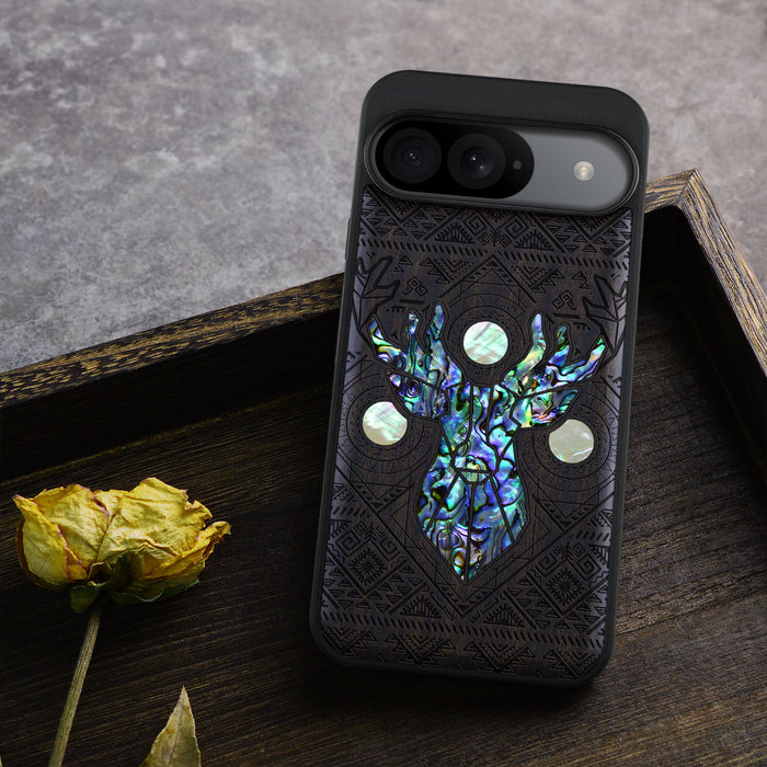 Aztec Geometric Deer, Hand-Inlaid Wood & Mother of Pearl Case - Artisanal Cover for Google Pixel