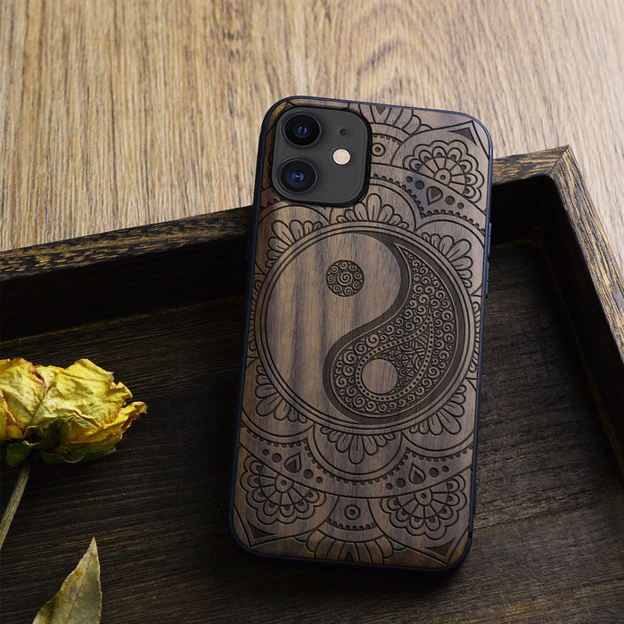 The Yin-Yang Mandala, Classic Engraved Wood & TPU Case - Artisanal Cover for Apple iPhone