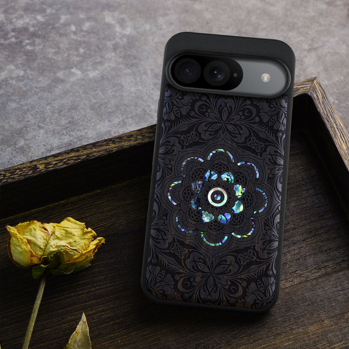 Ethereal Bloom Mandala, Hand-Inlaid Wood & Mother of Pearl Case - Artisanal Cover for Google Pixel